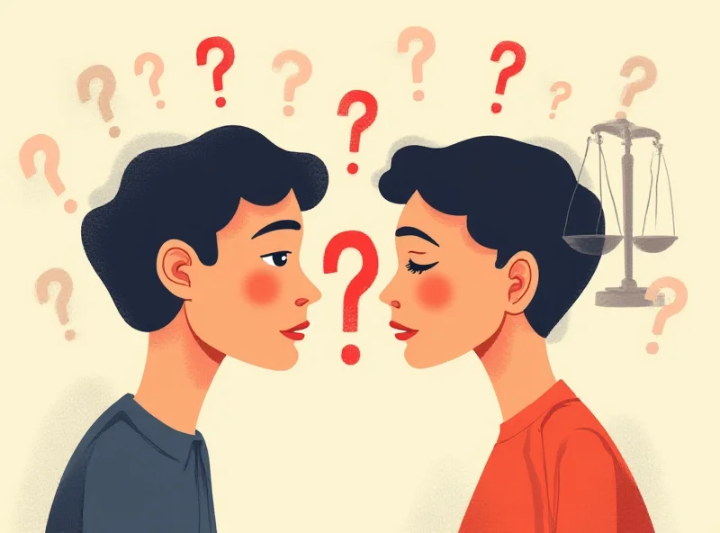 A stylized illustration depicting two people facing each other, one leaning in for a kiss, with question marks swirling around them. A judge's gavel is visible in the background.