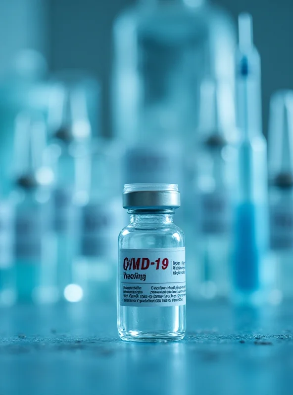 Close-up of a vial labeled 'COVID-19 Vaccine' with syringes and medical equipment in the background.