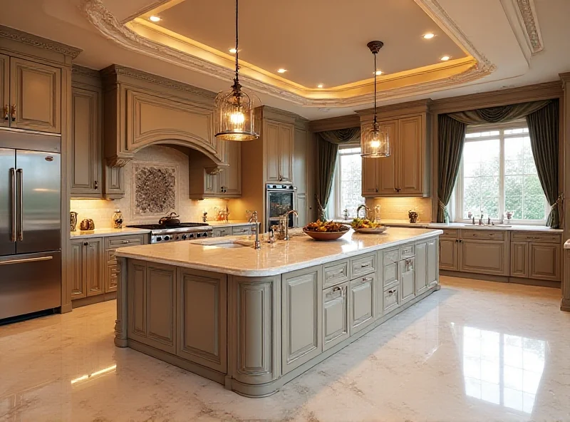 A luxurious and spacious kitchen interior with a large, central kitchen island. The island is made of high-end materials like marble or granite and features modern appliances and ample storage. The overall ambiance is elegant and sophisticated, conveying a sense of wealth and comfort.