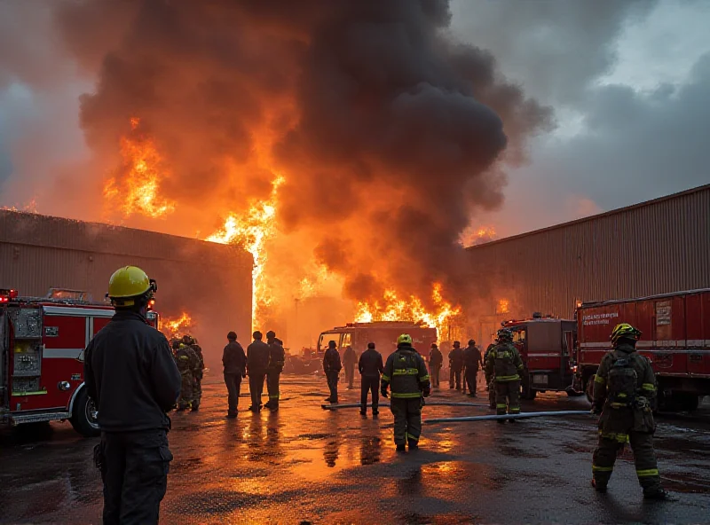 Firefighters battling a warehouse fire in an industrial estate.