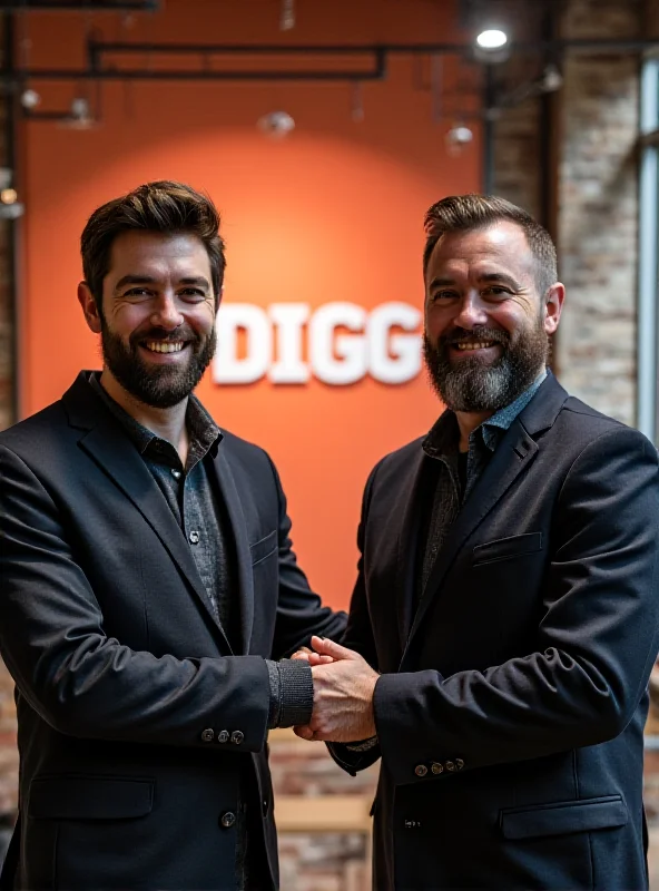 Kevin Rose and Alexis Ohanian shaking hands in front of a Digg logo, celebrating the revival.