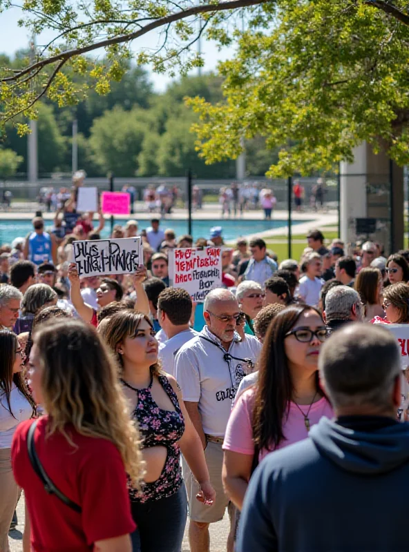 A diverse group of people holding signs and banners expressing solidarity with the Jewish community and condemning hate speech, gathered outside the Wayland public pool. The atmosphere is one of unity and determination.