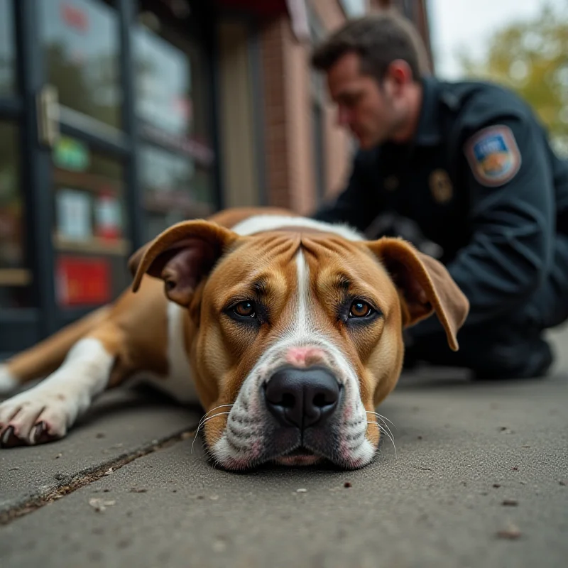 Close-up of an injured brown and white pit bull dog, looking sad and scared. The dog is lying down on a sidewalk near a liquor store with its head resting on its paws. An animal control officer is kneeling beside it, examining its injuries.