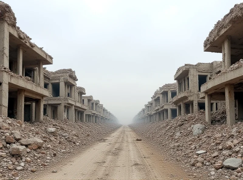 A desolate landscape in Syria, showing the aftermath of clashes, with damaged buildings and signs of conflict.