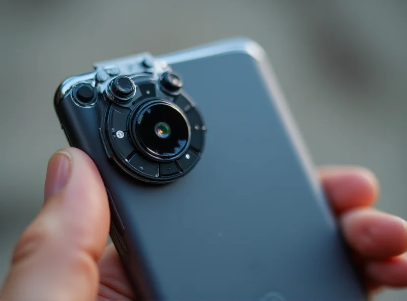 A Xiaomi smartphone with a detachable camera module attached to the back. The camera module has a lens and several dials, suggesting advanced photographic control.