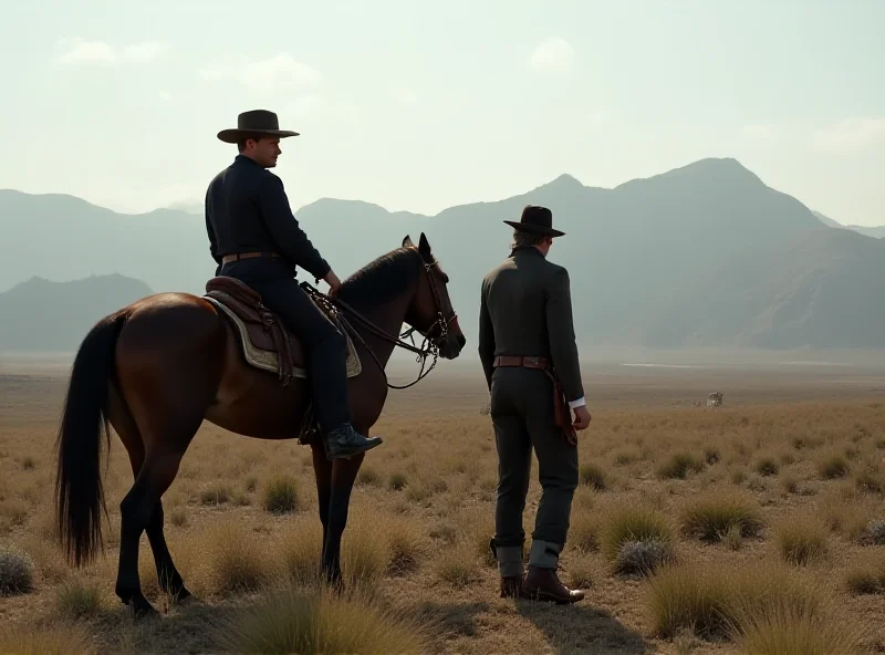 A dramatic scene from the TV series '1923', featuring actors in period clothing against a backdrop of a vast, rugged landscape reminiscent of the American West.